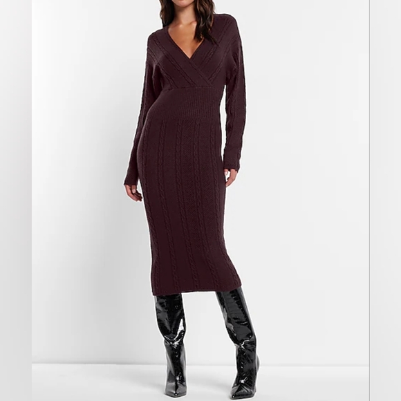 NWT Express Purple Cable Knit Faux Wrap Top Midi Sweater Dress Size M - Picture 1 of 9